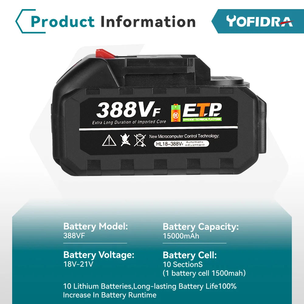 YOFIDRA 20V 18V oplaadbare 928vf 388vf 128vf 22500mAh lithium-ionbatterij met stekker voor vervangende accu van elektrisch gereedschap