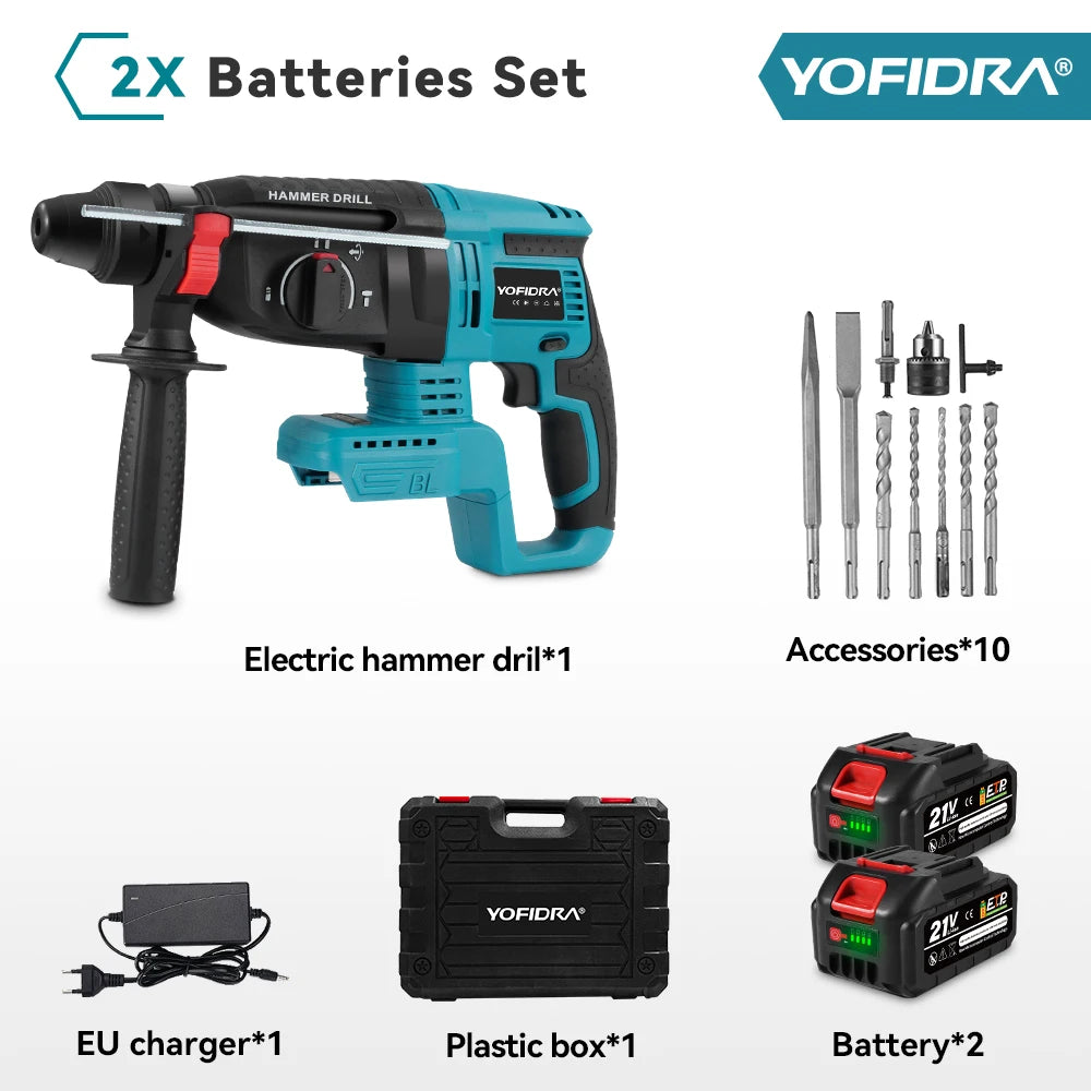 YOFIDRA 26mm Borstelloze Elektrische Boorhamer Snoerloze Multifunctionele Klopboormachine Elektrisch Gereedschap voor Makita 18-21V Accu