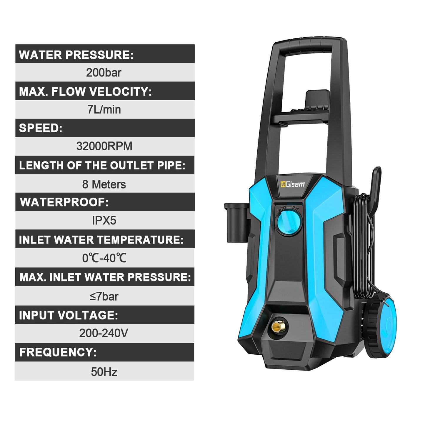 Gisam 200Bar Electric High Pressure Washer 2900 PSI 2200W Car Washer Gun Garden Washing Water Wash Spray Gun with 8m Hose, Soap Bottle, 180° Adjustable Nozzle For Car Garden Clean