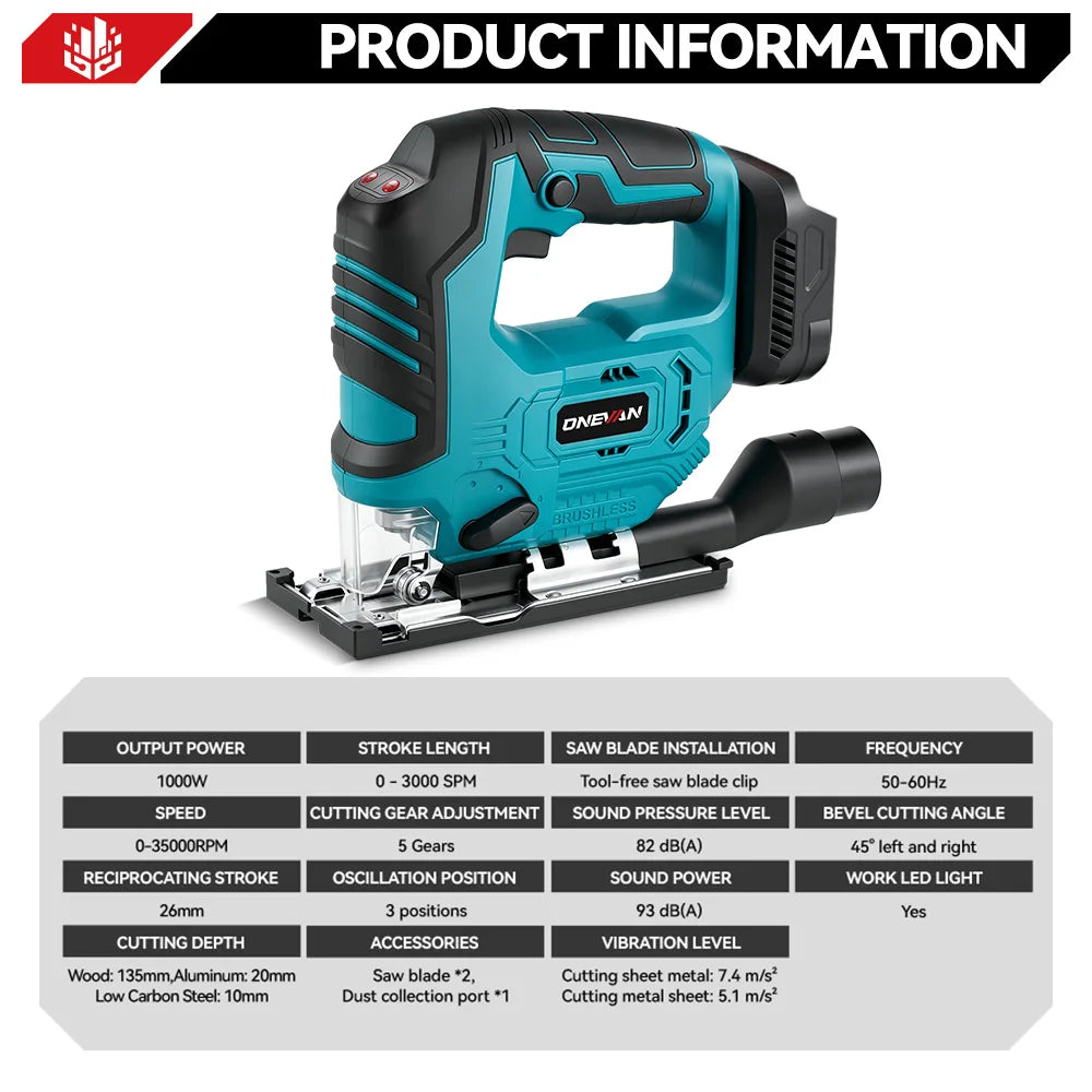 Scie sauteuse électrique sans fil sans balais ONEVAN 3500 tr/min, 1000W, outil de découpe pour travail du bois, compatible avec batterie Makita 18V