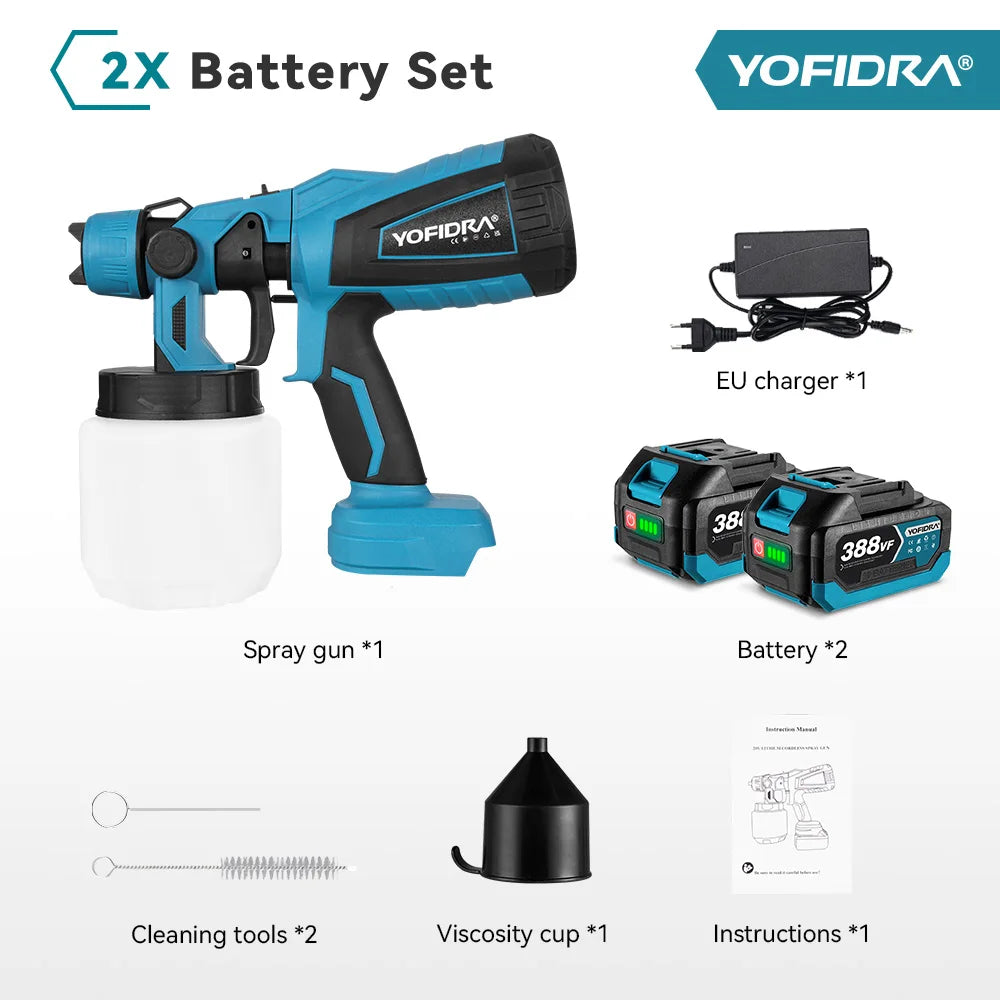 YOFIDRA 1000ML Cordless Electric Spray Gun 55000RPM Handheld Paint Sprayer Auto Coating Airbrush Tool for Makita 18V Battery Pin