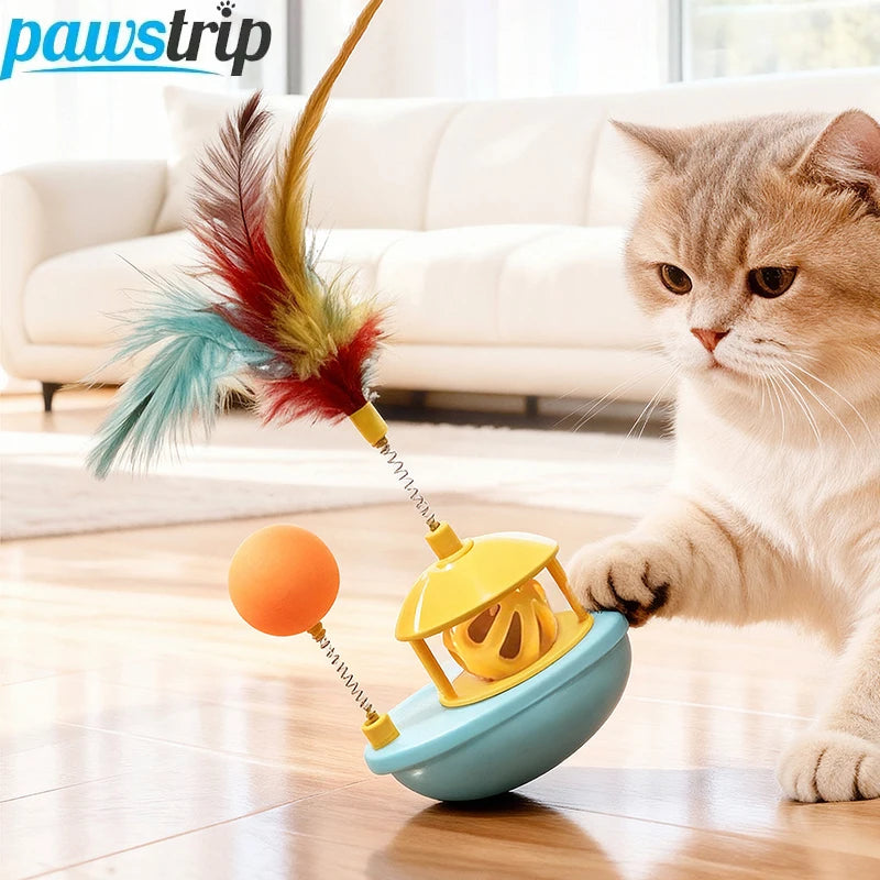 Interactive Cat Tumbler Toy with Bell Ball Funny Pet Feather Toy for Cats Kitten Turntable Toy Cat Accessories