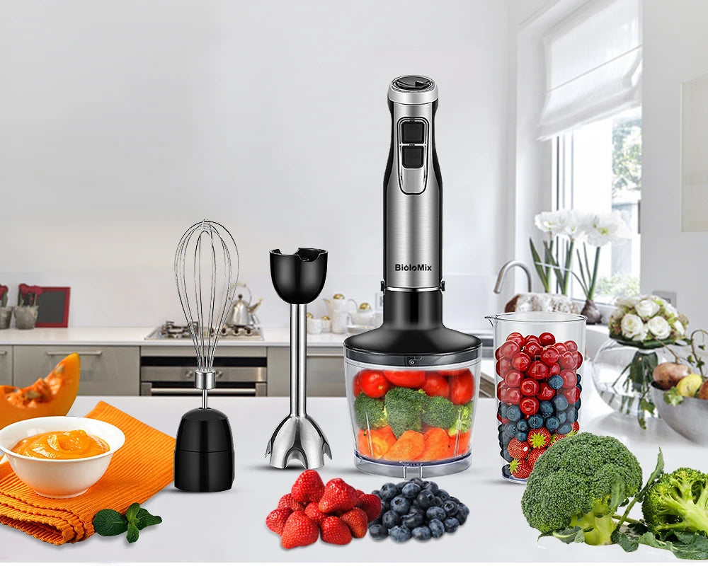BioloMix Professionele 4-in-1 Staafmixerset - 1200W Krachtige Handmixer met Roestvrijstalen IJsmessen, Inclusief Hakmolen