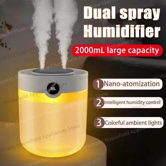 2026 2L Large Capacity Dual Hole Nano Mist Humidifier Super Large Tank 7 Color Night Light Smart Digital Display For Home &Car
