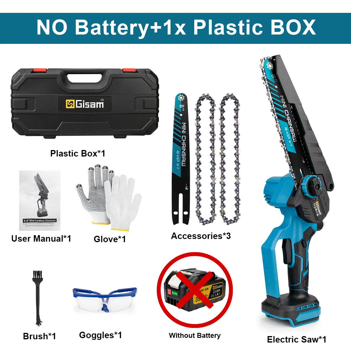 Gisam 8 inch borstelloze elektrische kettingzaag, snoerloze houtbewerkingskettingzaag, houtkapzaag, elektrisch gereedschap voor Makita 18V-batterijpinnen