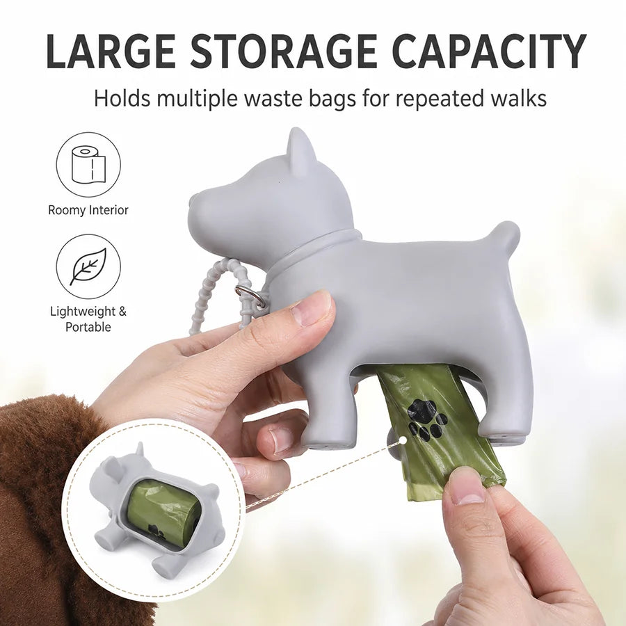 Dog Poop Bag Holder PVC Dog Shape Waste Bag Dispenser Clip-on Leash Backpack Portable Pet Cleanup Box for Outdoor Walks Trips