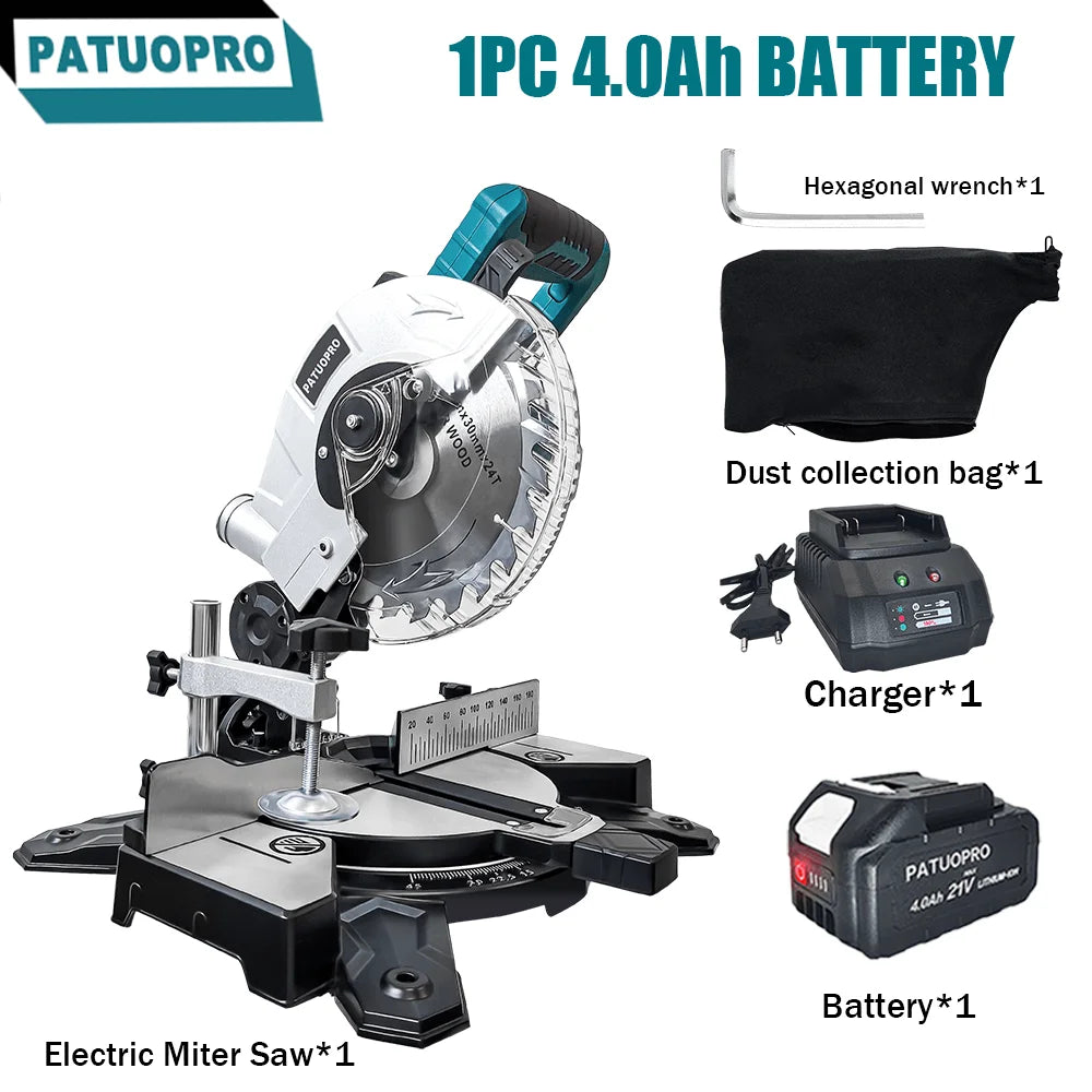 Scie à onglet sans fil PATUOPRO 8 pouces, biseau simple 45°, scie électrique compacte pour bois et aluminium, outil électrique compatible avec batterie Makita 18V