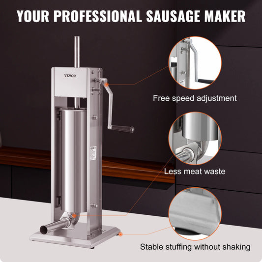 SucceBuy 3 5 7 L Manual Sausage Stuffer Stainless Steel Making Sausage Vertical Maker with 5 Filling Funnels for Home Commercia