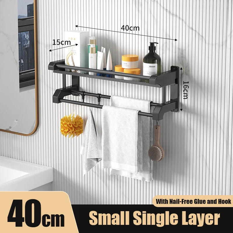 Bathroom Organizer and Storage,2 Layers Bathroom Shelves with Hooks,Bathroom Towel Bar Shelf,Wall Mounted Storage Shelf (Black)