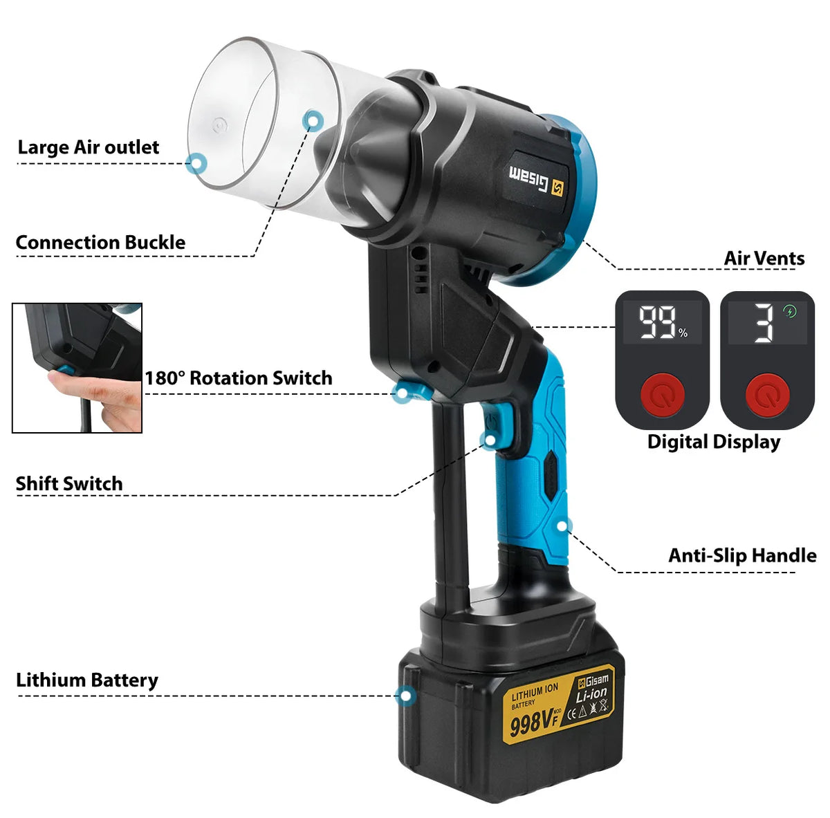 Gisam 200m/s Elektrische Borstelloze Snoerloze Turbo Jet Ventilator Handbediende Stofblazer voor Makita 18V Accu