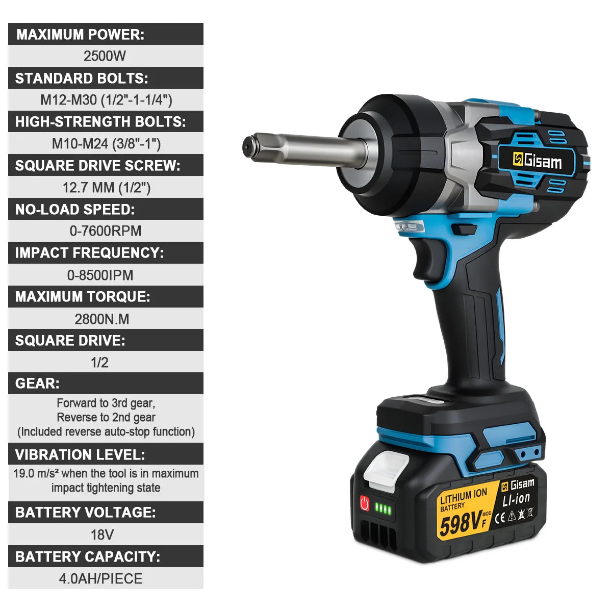 Gisam 2800N.M Brushless Electric Extended Anvil Impact Wrench 1/2'' Cordless Electric Wrench Tool For makita 18v battery pins