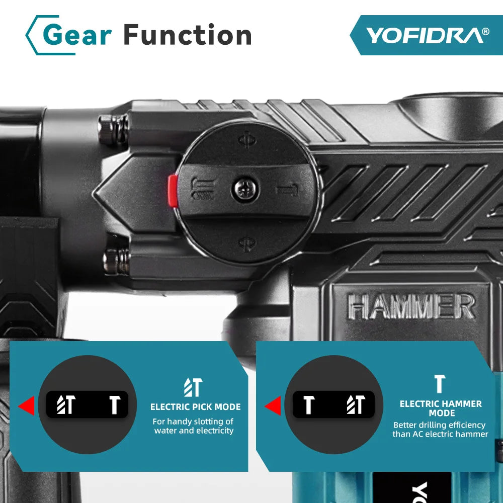 YOFIDRA 2200W Borstelloze Elektrische Hamerboor 26MM Multifunctionele Schroevendraaier Roterend Elektrisch Gereedschap voor Makita 21V Accu Pin
