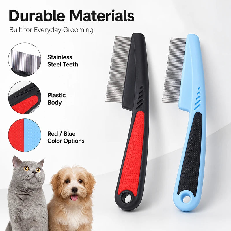 Pet Flea Comb for Dogs Cats Fine Tooth Stainless Steel Grooming Comb Anti-Slip Handle Pet Hair Remover Lice Comb for Short Fur