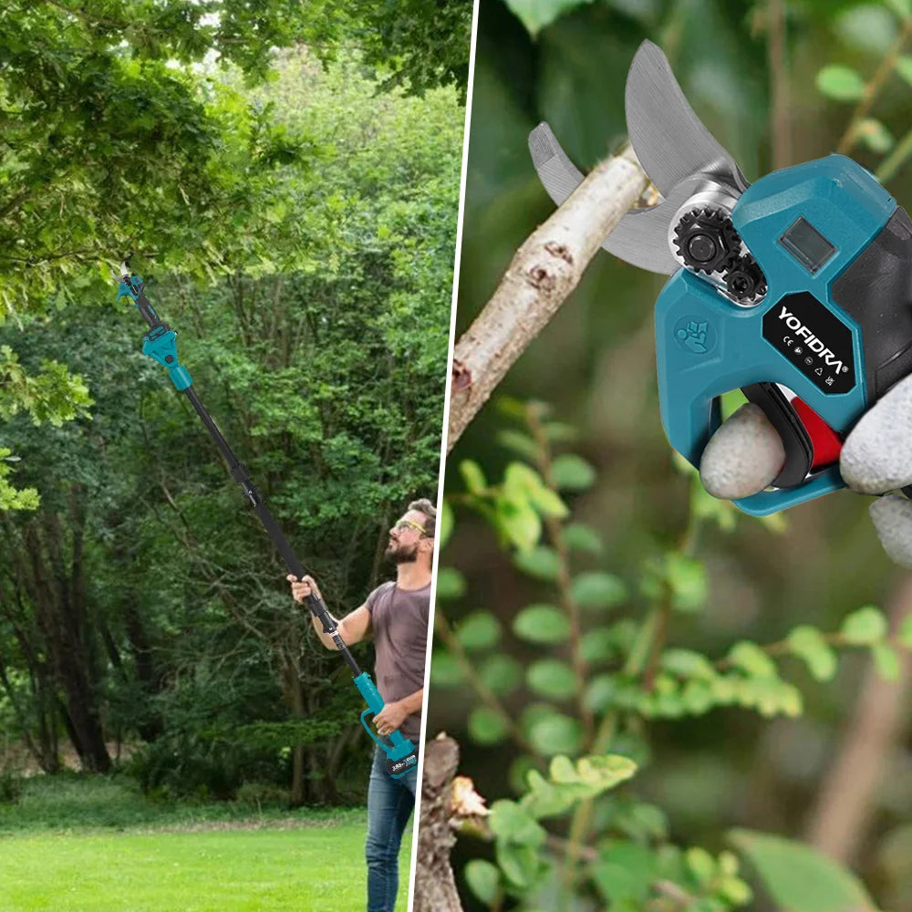 YOFIDRA Borstelloze elektrische kettingzaag met telescopische steel, 3-in-1 takkenzaag voor houtbewerking en snoeien, elektrisch gereedschap voor Makita-accu