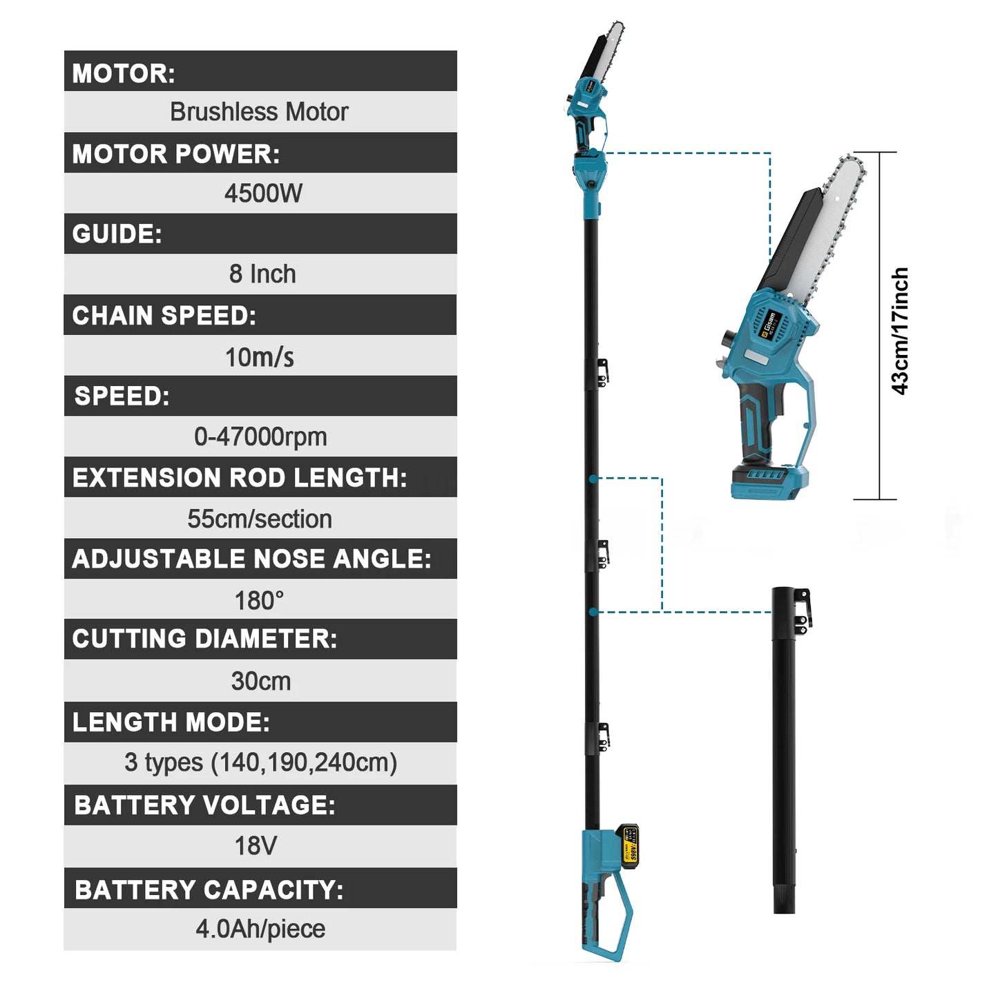 Gisam 2in1 Brushless Telescoping Pole Electric Chainsaw Cordless Garden Pruning Tool High Branch Saw for Makita 18V Battery Pin