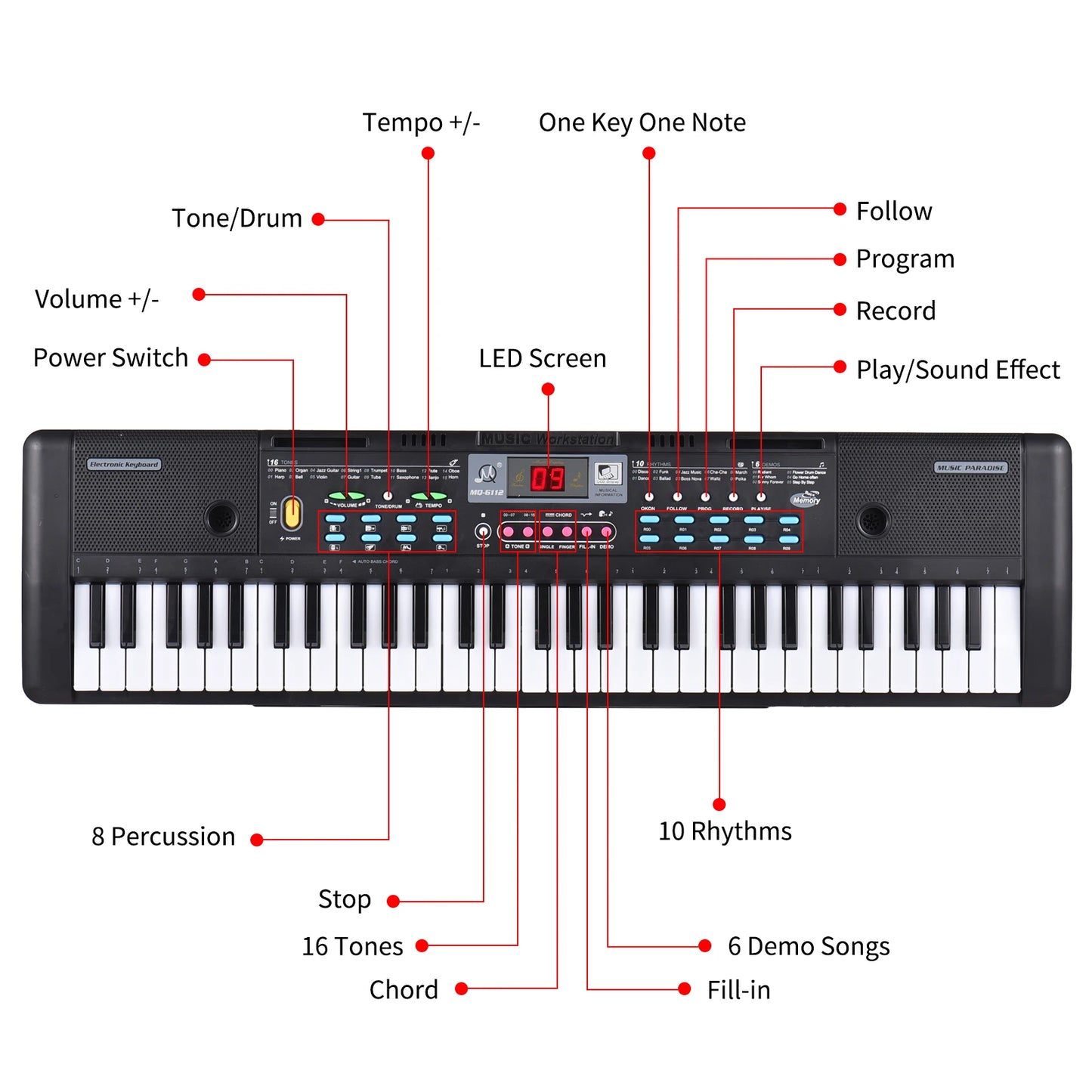 61 Keys USB Electronic Organ with Microphone Black Digital Music Electronic Keyboard LED Display with 16 Tones 10 Rhythms