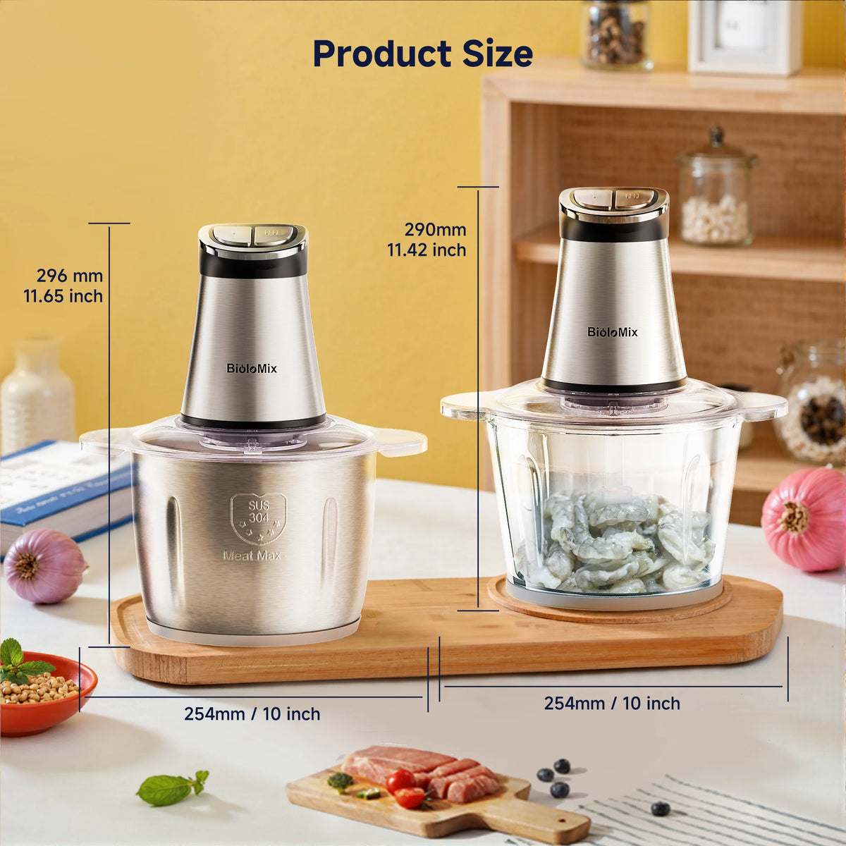 BioloMix Mini Electric Food Chopper, 300W, features 2 bowls and 4 blades, perfect for preparing baby food, meat, and onions