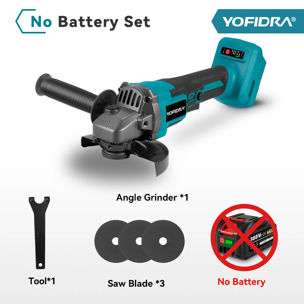 YOFIDRA 125mm Brushless Angle Grinder 12000RPM Cordless Cutting Polishing Power Tool With 3 Saw Blades For Makita Battery Pin
