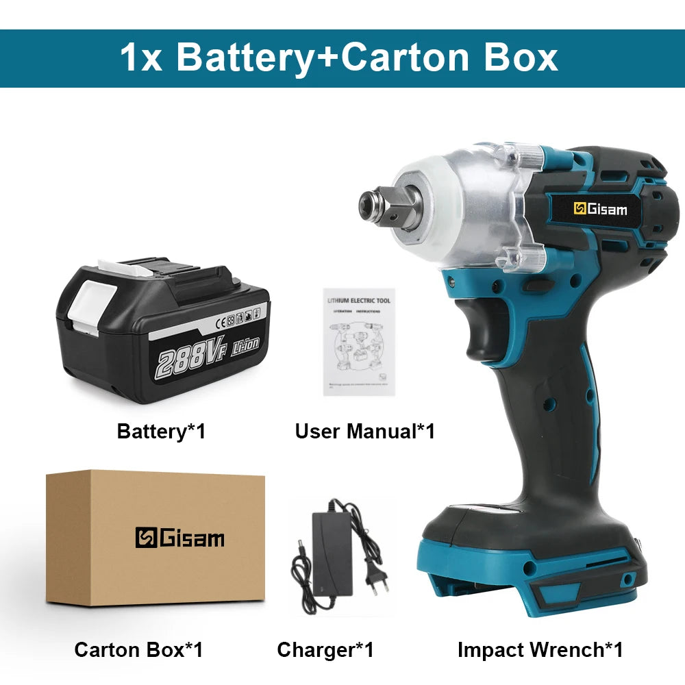 Gisam 520n.M Brushless Electric Impact Wrench 1/2 In Li-on Battery for Automotive Repair Power Tools for Makita 18V Battery Pins