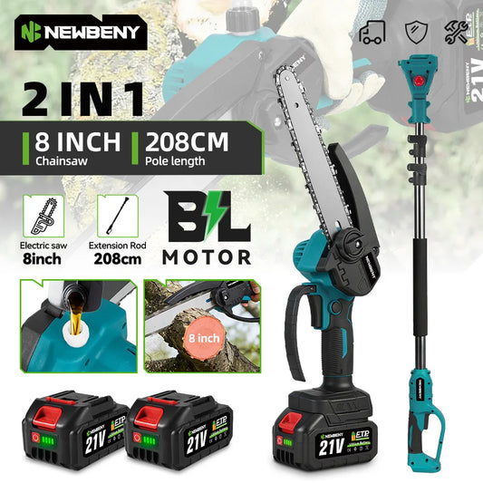 NEWBENY 8 Inch Electric Chainsaw Telescoping Pole 2IN1 High Branch Saw High Branch Saw Garden Power Tool  for 18V 21V Battery Pin