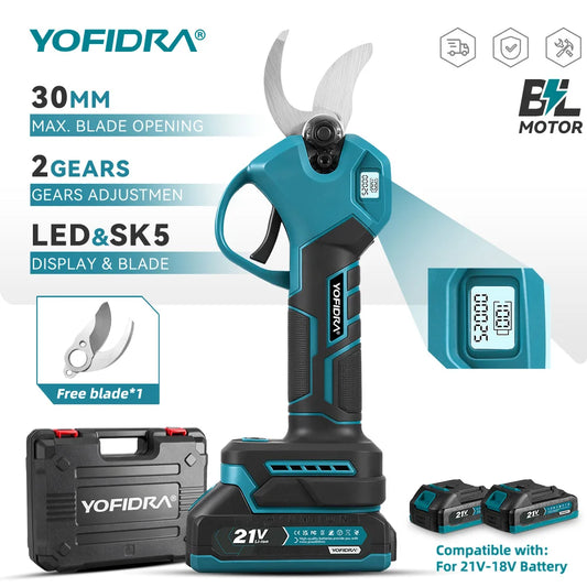 YOFIDRA 30MM Brushless Shearing Scissors 2 Gears Cordless Garden Fruit Tree Branch Pruning Power Tools For Makita Battery Pin