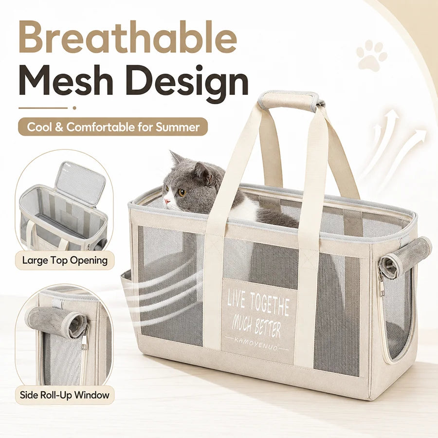 Portable Pet Carrier Bag Mesh Breathable Cat Travel Tote with Side Roll-Up Window Pockets Cat Accessories