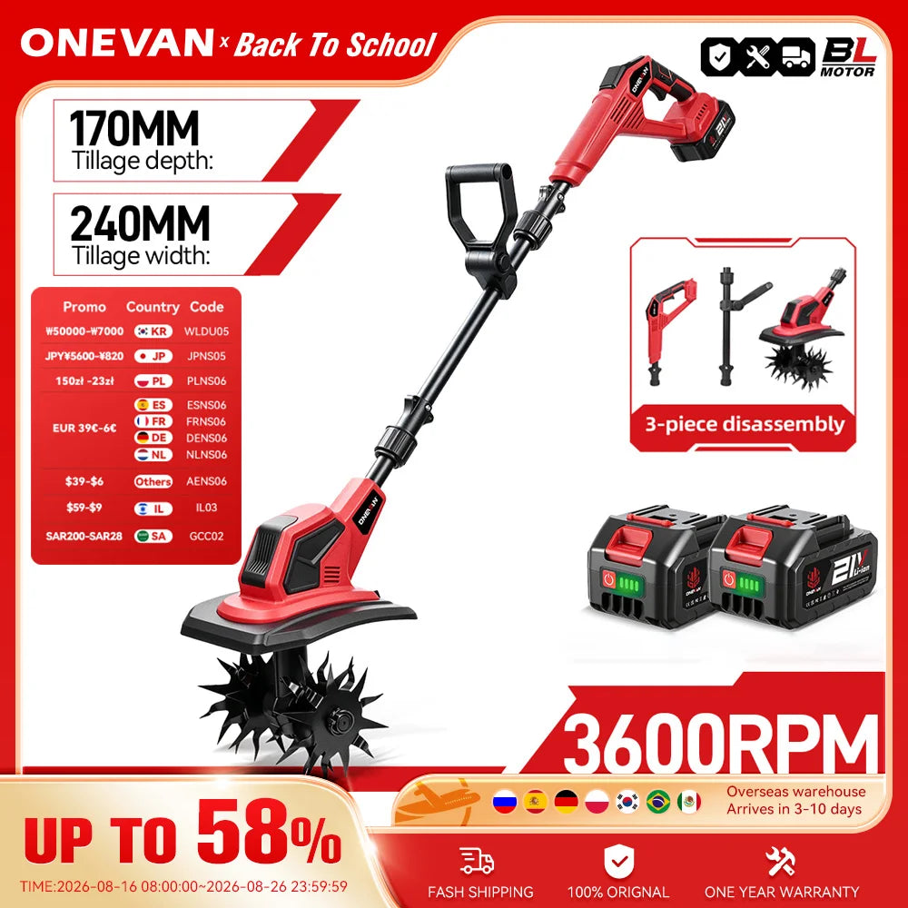 ONEVAN 36000RPM Electric Tiller Cultivator Lawn Mower Rototiller For Soil Cultivation Garden Tool Fit For Makita 18V Battery Pin