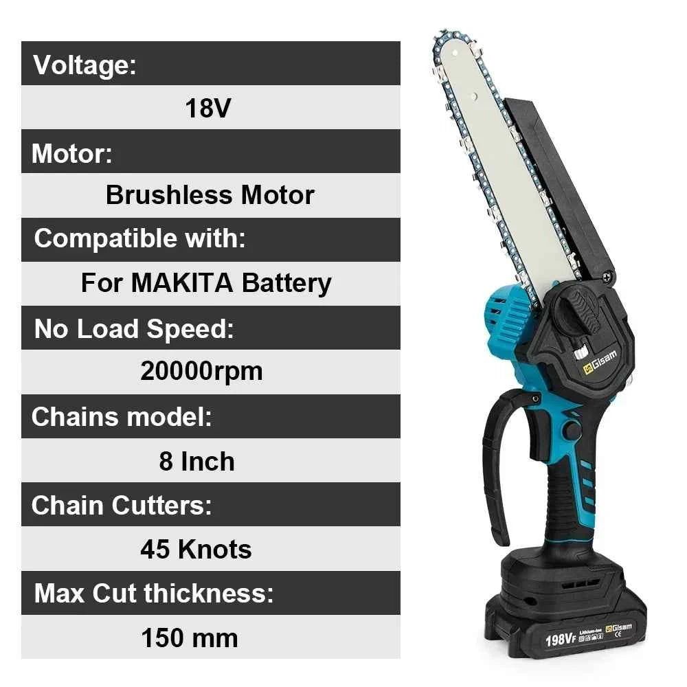 Gisam 8 Inch Electric Chainsaw – Brushless One-Handed Pruning Saw for Makita 18V Battery
