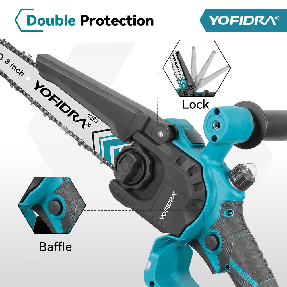 YOFIDRA 4500W Brushless 8 Inch Electric Chainsaw Digital Display Woodworking Pruning Saw Cutting Tool For 21V Battery Pin