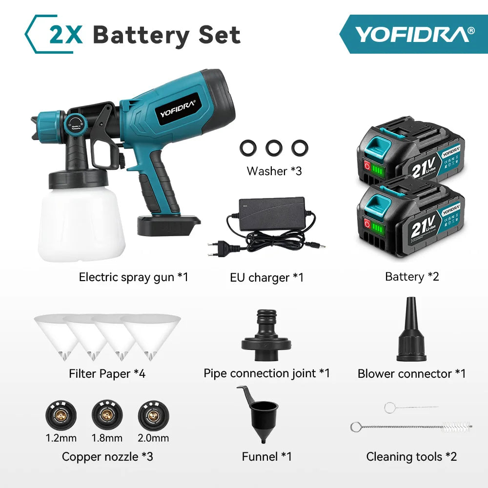 YOFIDRA 1000ML Electric Spray Gun 66000RPM Paint Sprayer Auto Furniture Steel Coating Airbrush Tool For Makita 21V Battery Pin