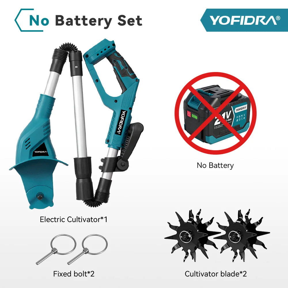 YOFIDRA Garden Electric Tiller Cultivator Portable Cordless Lawn Mower Grass Trimmer Soil Turning Power Tool for Makita 18-21V Battery Pin