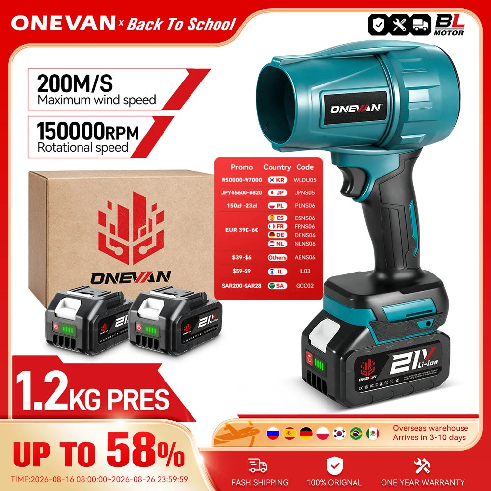 ONEVAN 200M/S Brushless Turbo Blower 2000W Handheld Cordless Electric Air Blower Dust Snow Removal Tool for 18V Battery