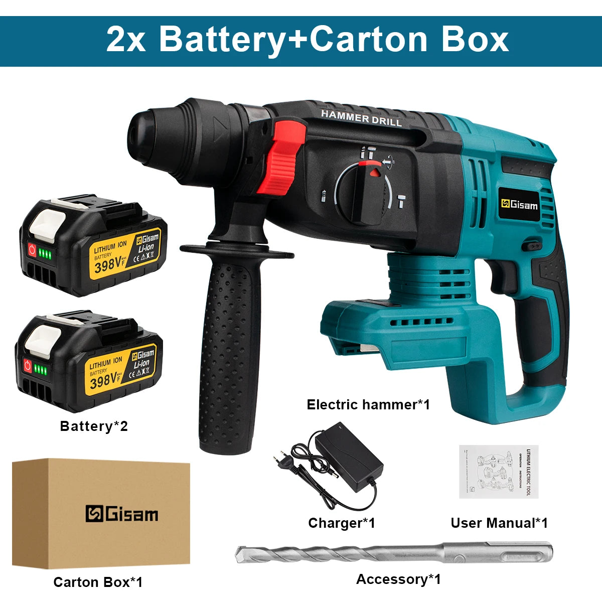 Marteau perforateur électrique sans balais Gisam 1680W, 26MM, marteau perforateur rotatif sans fil pour le travail du bois, outil électrique pour batterie Makita 18V