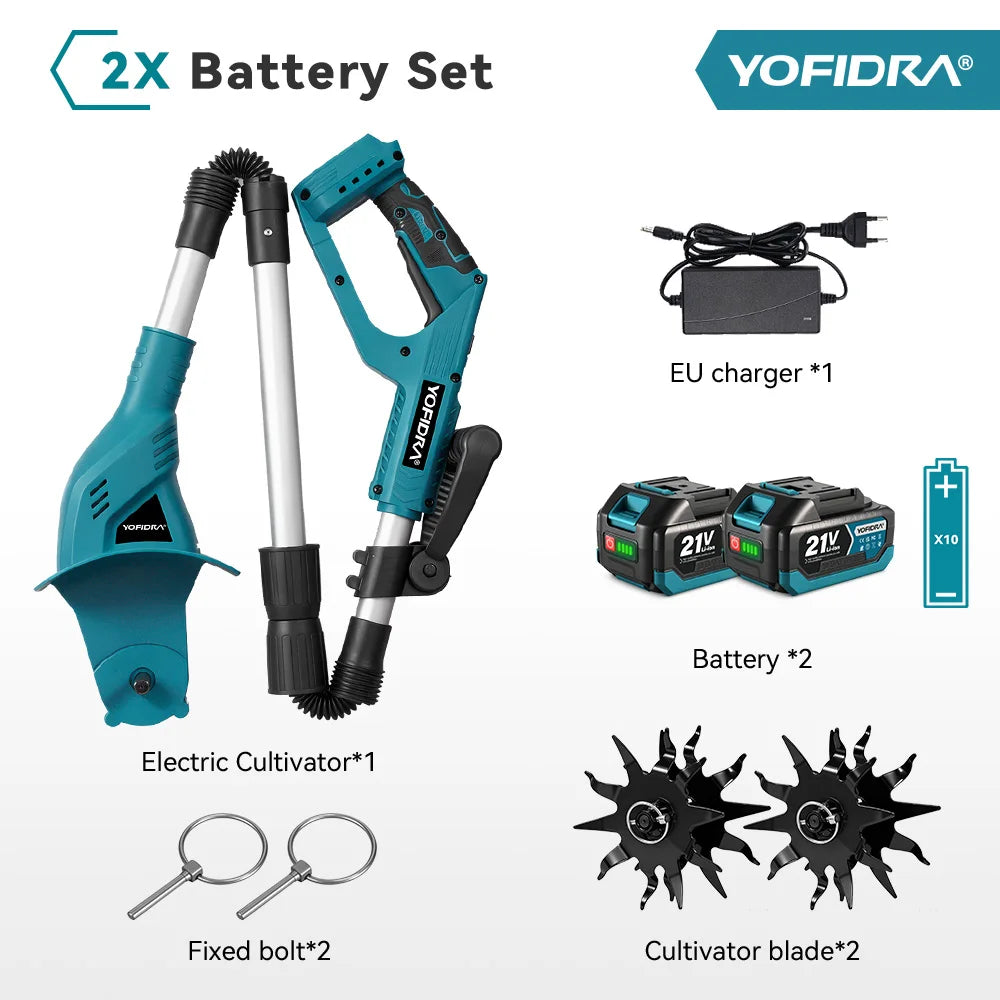 YOFIDRA Garden Electric Tiller Cultivator Portable Cordless Lawn Mower Grass Trimmer Soil Turning Power Tool for Makita 18-21V Battery Pin