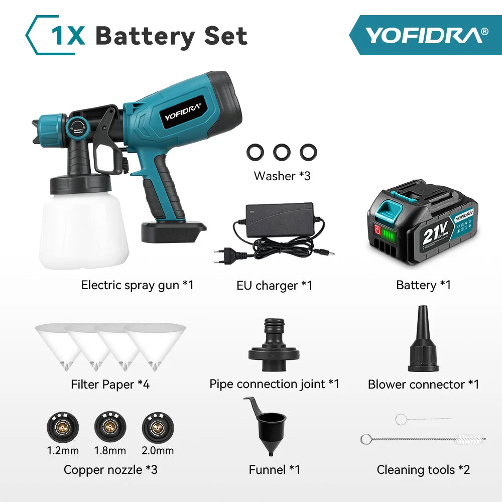YOFIDRA 1000ML Electric Spray Gun 66000RPM Paint Sprayer Auto Furniture Steel Coating Airbrush Tool For Makita 21V Battery Pin