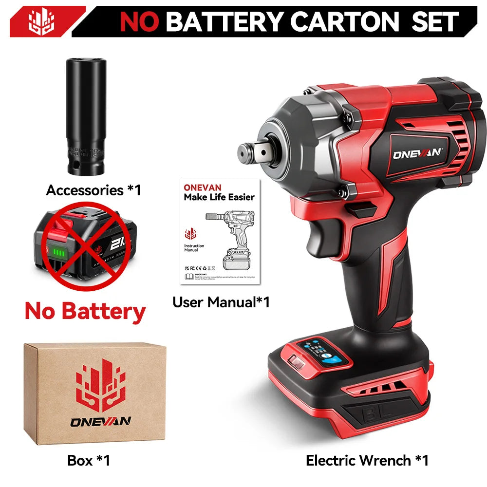 ONEVAN Clé à chocs électrique sans balais 1200 N.m, couple de 1/2 pouce, tournevis sans fil, outil électrique pour batterie Makita 18 V