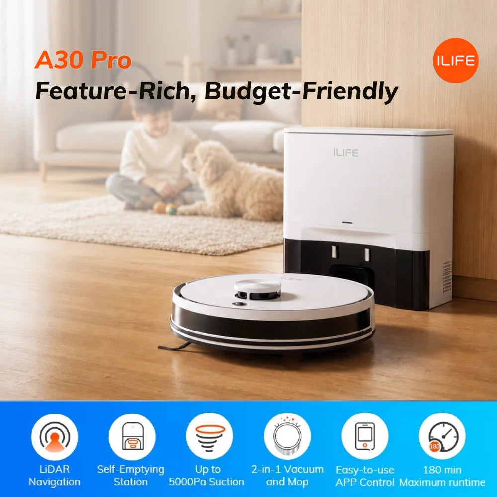 ILIFE A30 Pro Robotstofzuiger met automatisch leegstation, 5000Pa sterke zuigkracht, LDS-navigatie, 180 min. looptijd, 2-in-1 dweilen en zuigen, app-bediening, reiniging van harde vloeren en tapijt