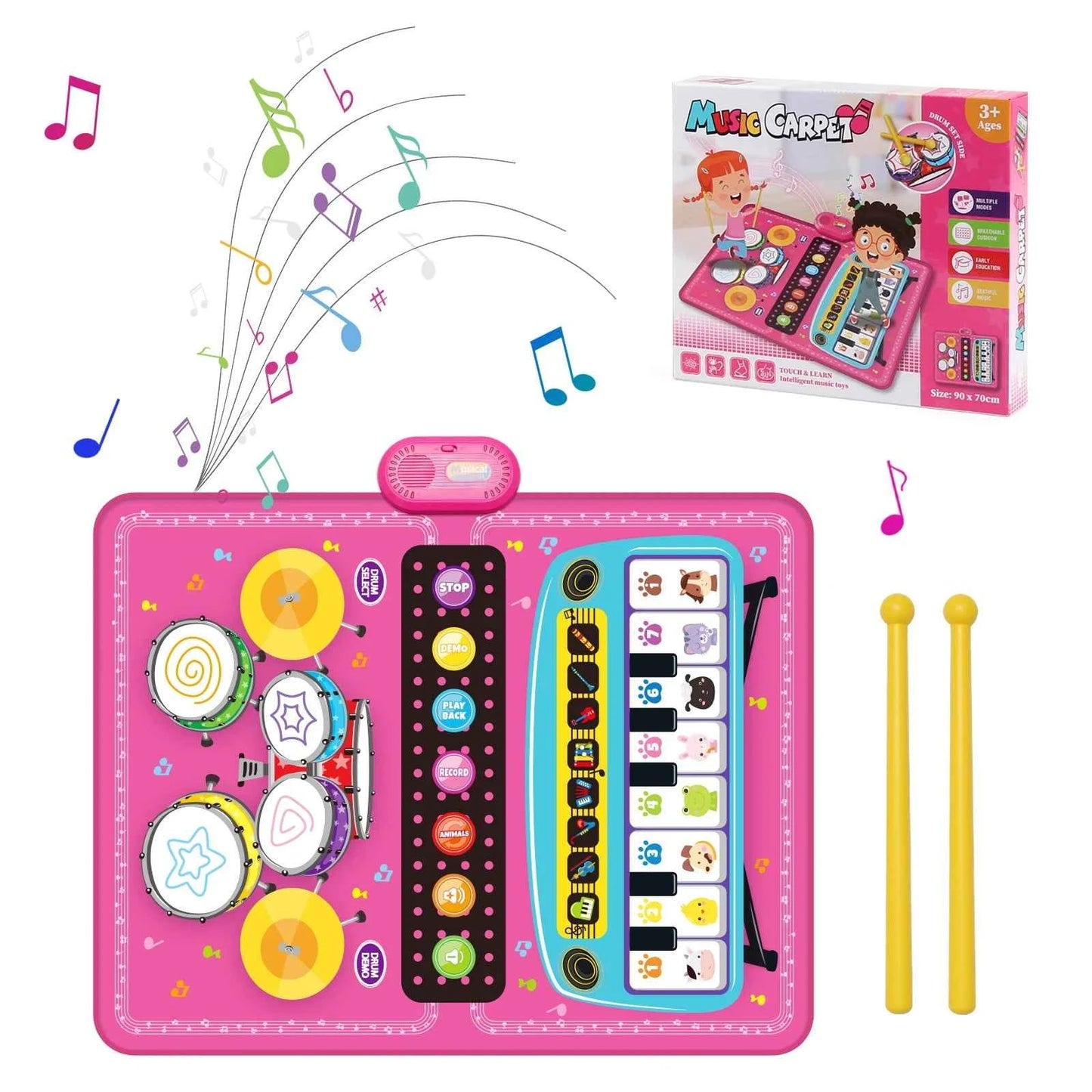 90x70cm Unicorn Music Mat - 2 in 1 Piano Keyboard and Drum Dance Mat for Kids, Educational Toys with 8 Instruments Sounds