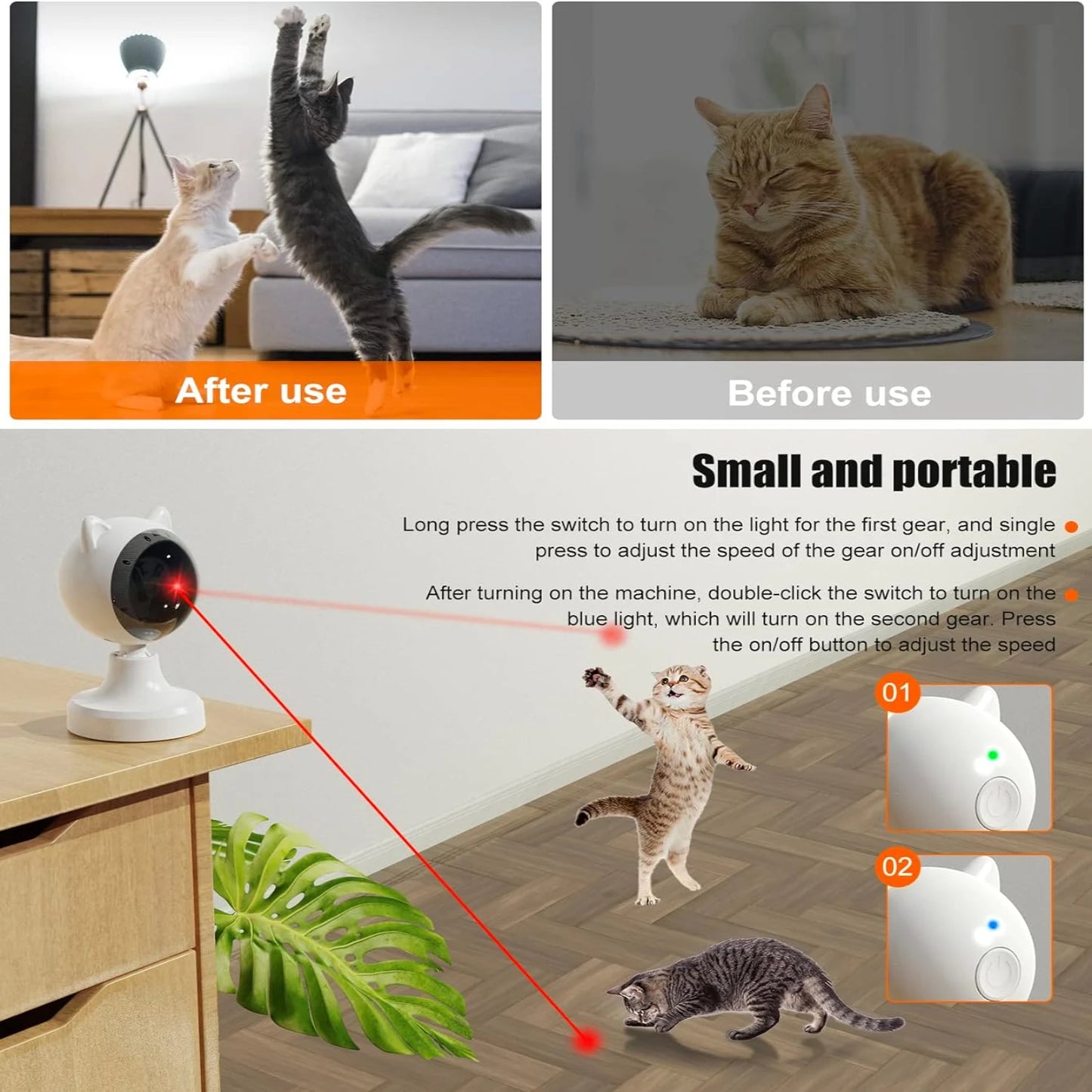 Automatic Interactive Cat Laser Toy - Rechargeable Motion-Activated Pointer with Multiple Modes, Auto On/Off, Small & Portable D