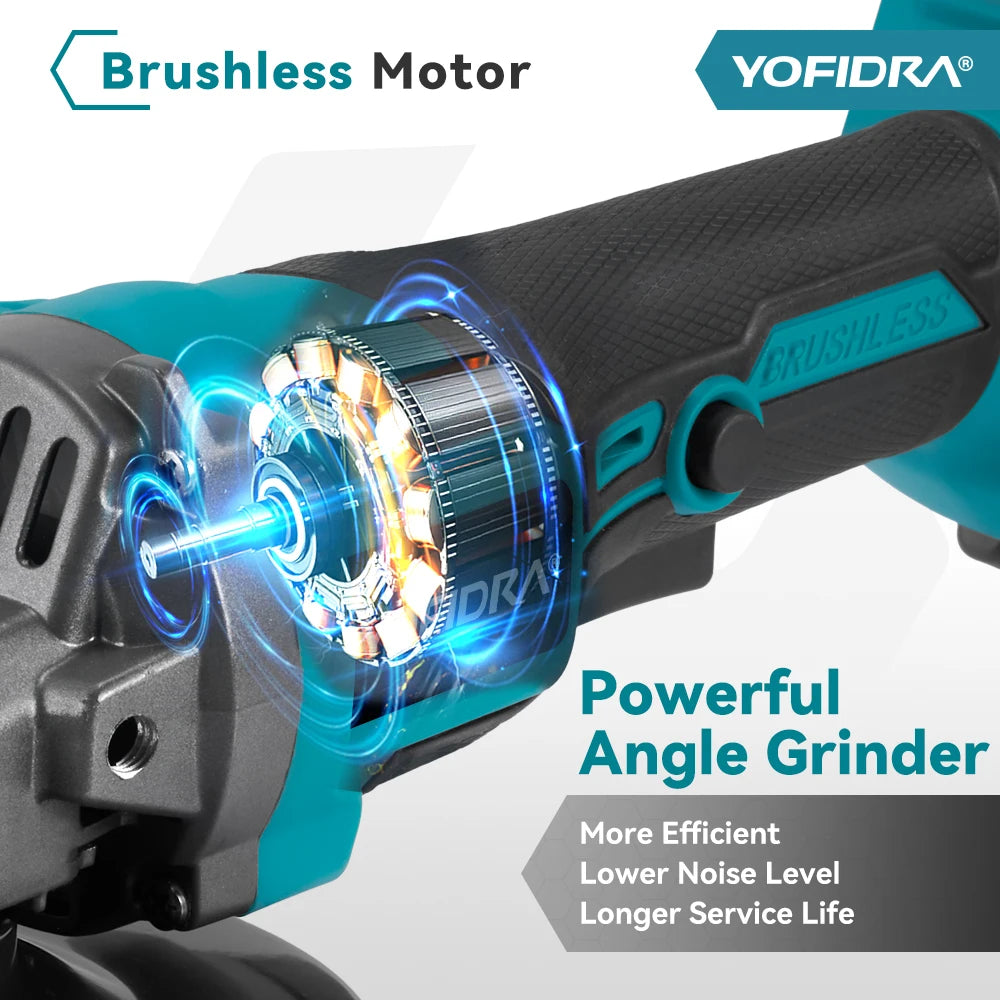 YOFIDRA 125mm Brushless Angle Grinder 12000RPM Cordless Cutting Polishing Power Tool With 3 Saw Blades For Makita Battery Pin