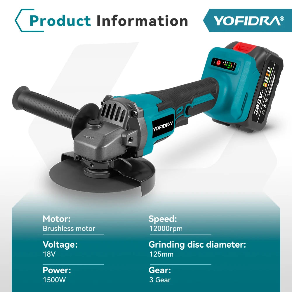 YOFIDRA 125mm Brushless Angle Grinder 12000RPM Cordless Cutting Polishing Power Tool With 3 Saw Blades For Makita Battery Pin