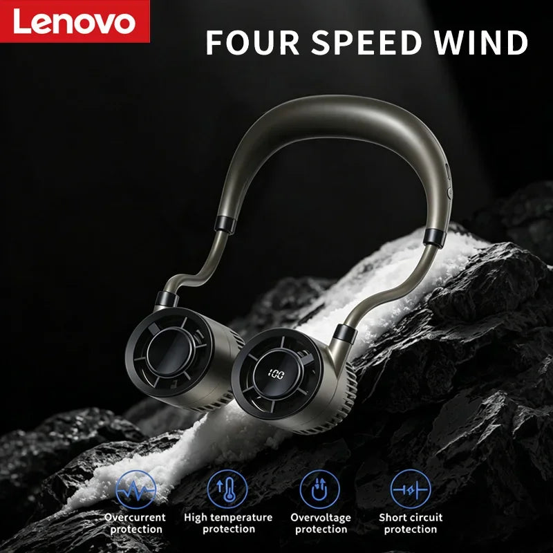 Ventilateur de cou portable Lenovo 100 vitesses, ventilateur sans pales à suspendre avec écran LED, ventilateur rechargeable par USB pour le sport en extérieur et les voyages