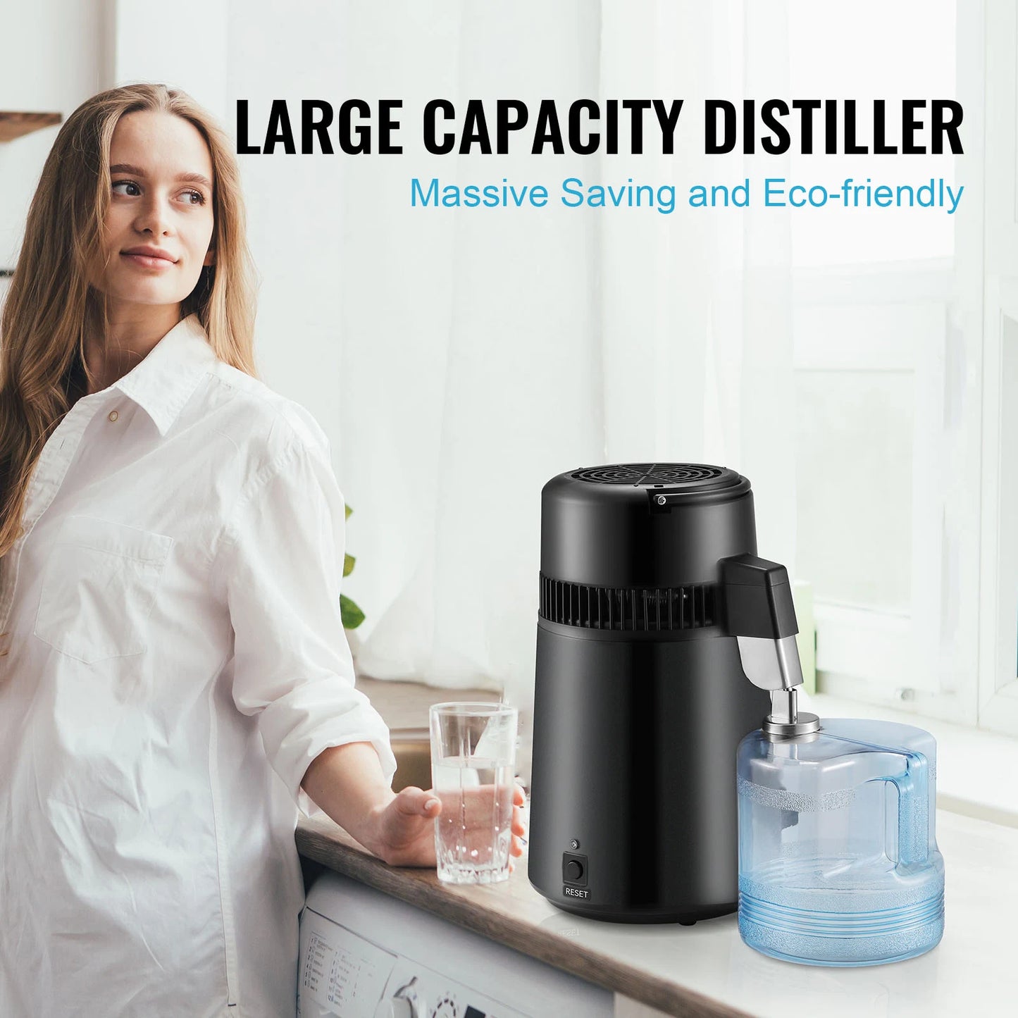SucceBuy 4L Water Distiller 1.05 Gallon Pure Water Purifier Filter For Home Countertop Distilled Water Maker Stainless Steel Interior Distiller Water Making Machine