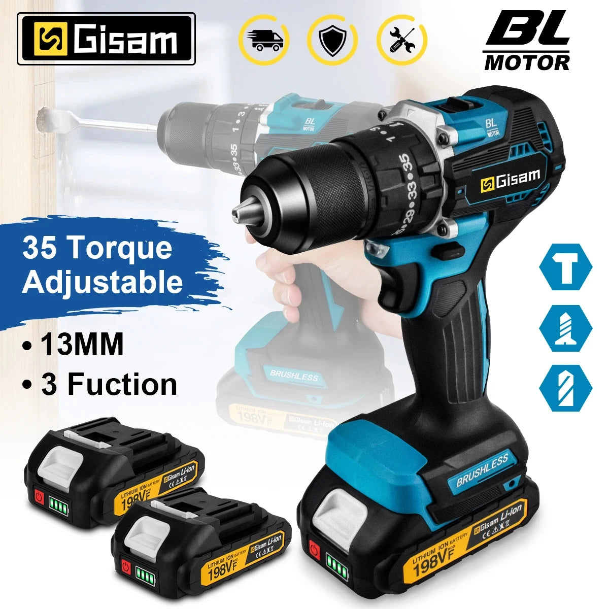 Perceuse visseuse à percussion sans balais GIsam 13 mm, deux vitesses, couple 35+3, outil électrique sans fil pour batteries Makita 18V