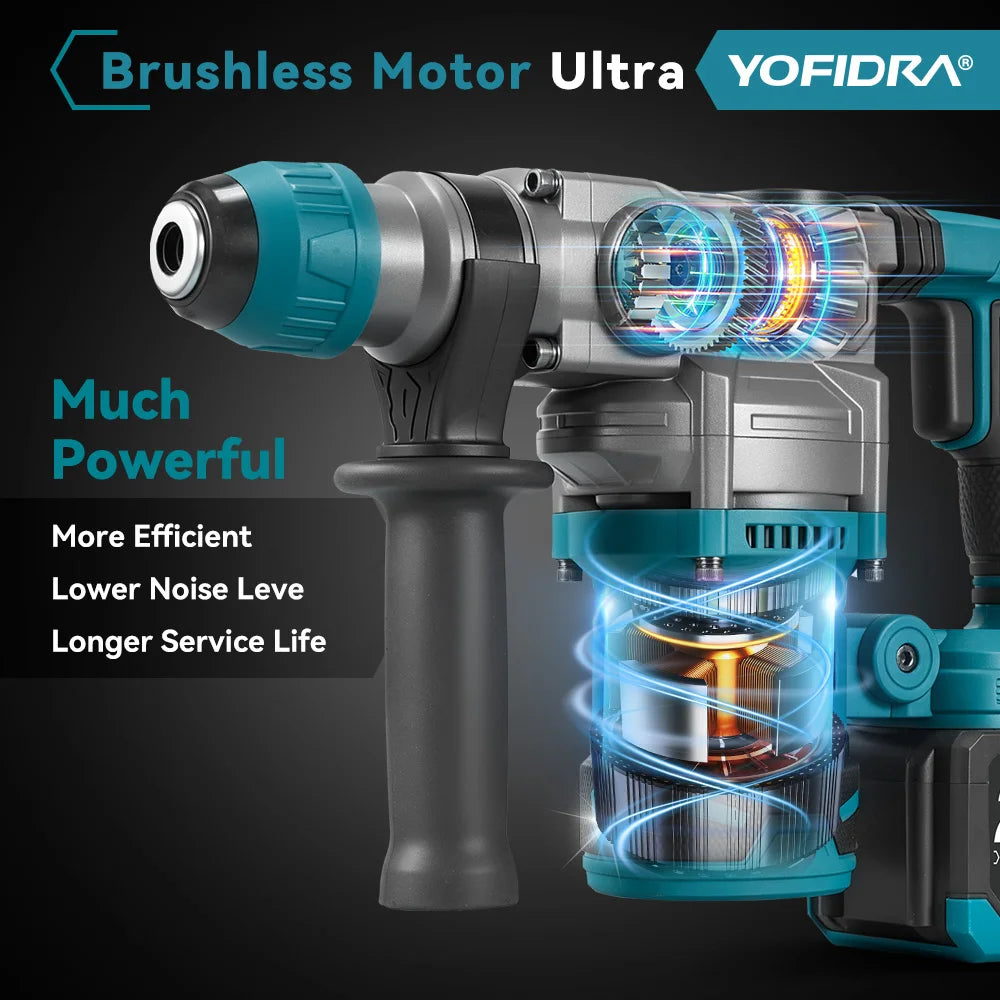 Marteau perforateur électrique sans balais YOFIDRA 3500W, 26 mm, multifonction, perceuse à percussion sans fil, outil électrique rotatif compatible avec batterie Makita
