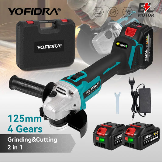 YOFIDRA 4 Gears Brushless Angle Grinder 125mm Cordless Cutting Polishing Cutting Machine Power Tool For Makita Battery Pin