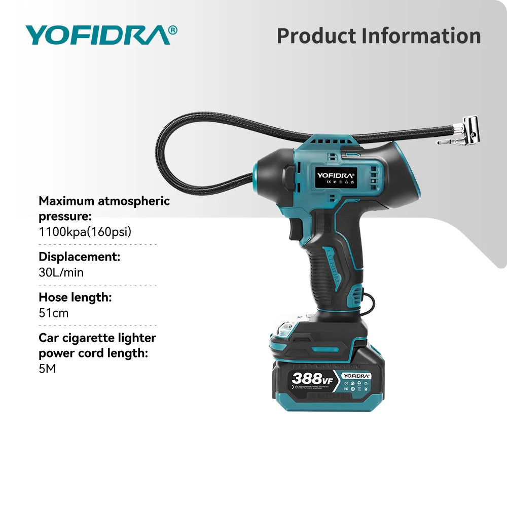 YOFIDRA Inflatable Electric Air Pump Digital Display Car Tire Inflator Automatic Air Inflator Power Tool For Makita Battery Pin