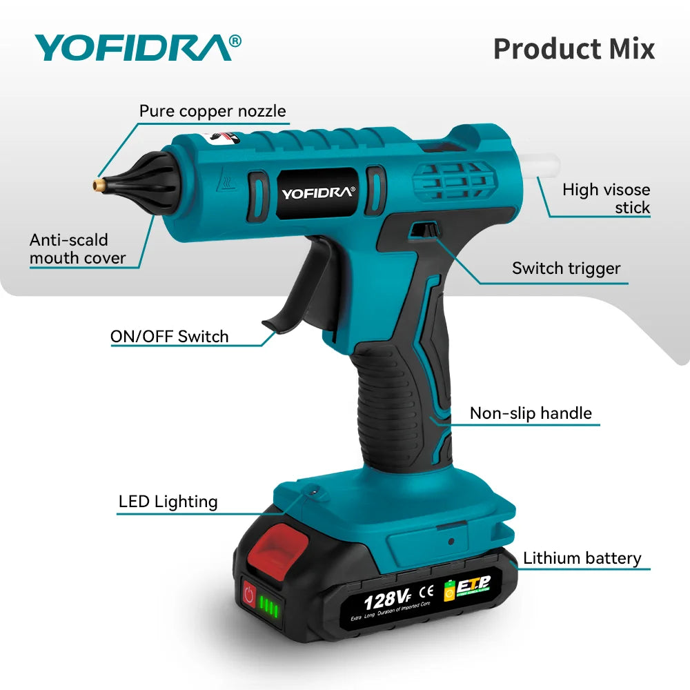 Pistolet à colle chaude YOFIDRA 100W 260° Outil électrique de réparation avec 10 bâtons de colle de 11 mm pour batterie Makita