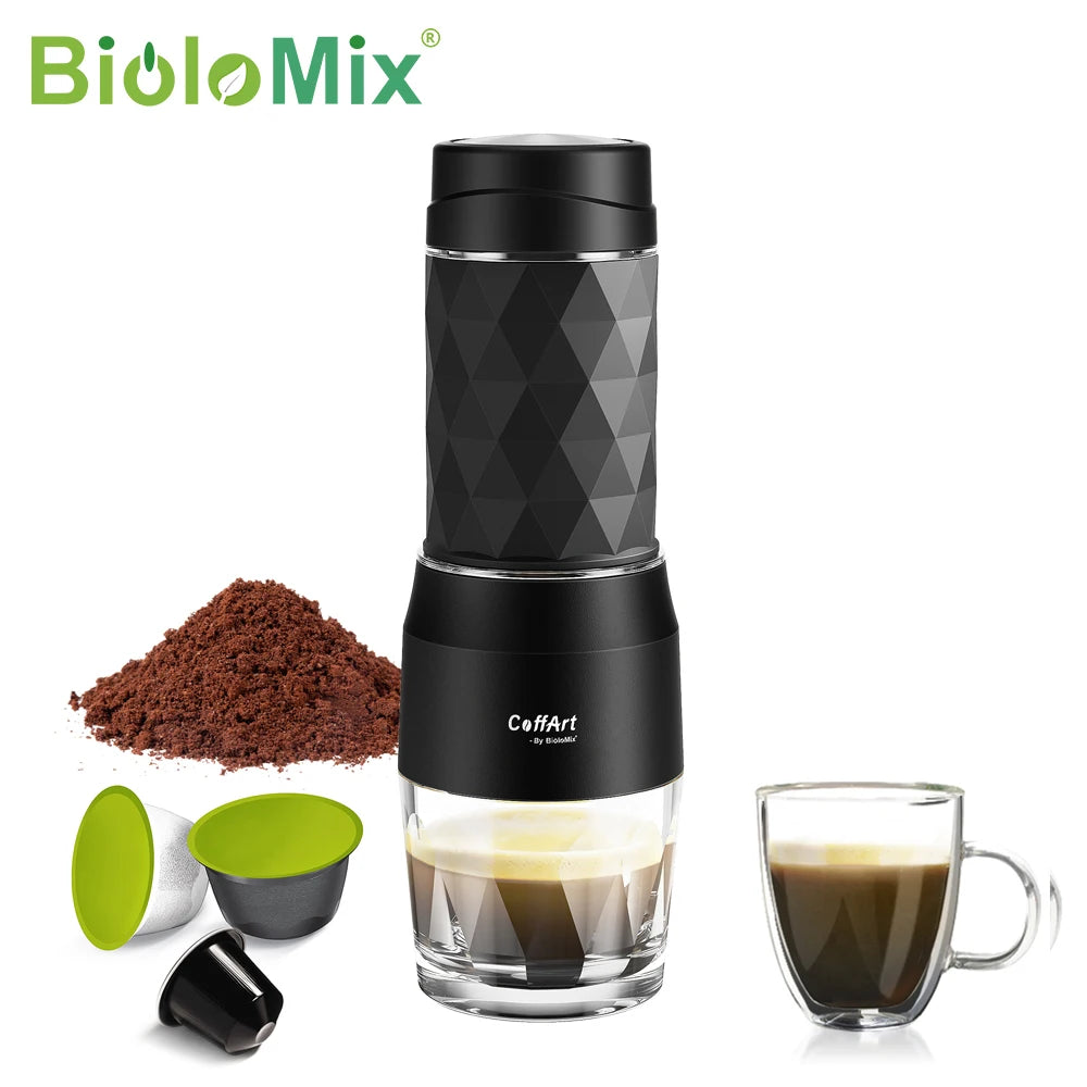 BioloMix Compact Portable Coffee Maker Hand Press Espresso Machine for Travel Picnic Camping with Ground or Capsule Coffee