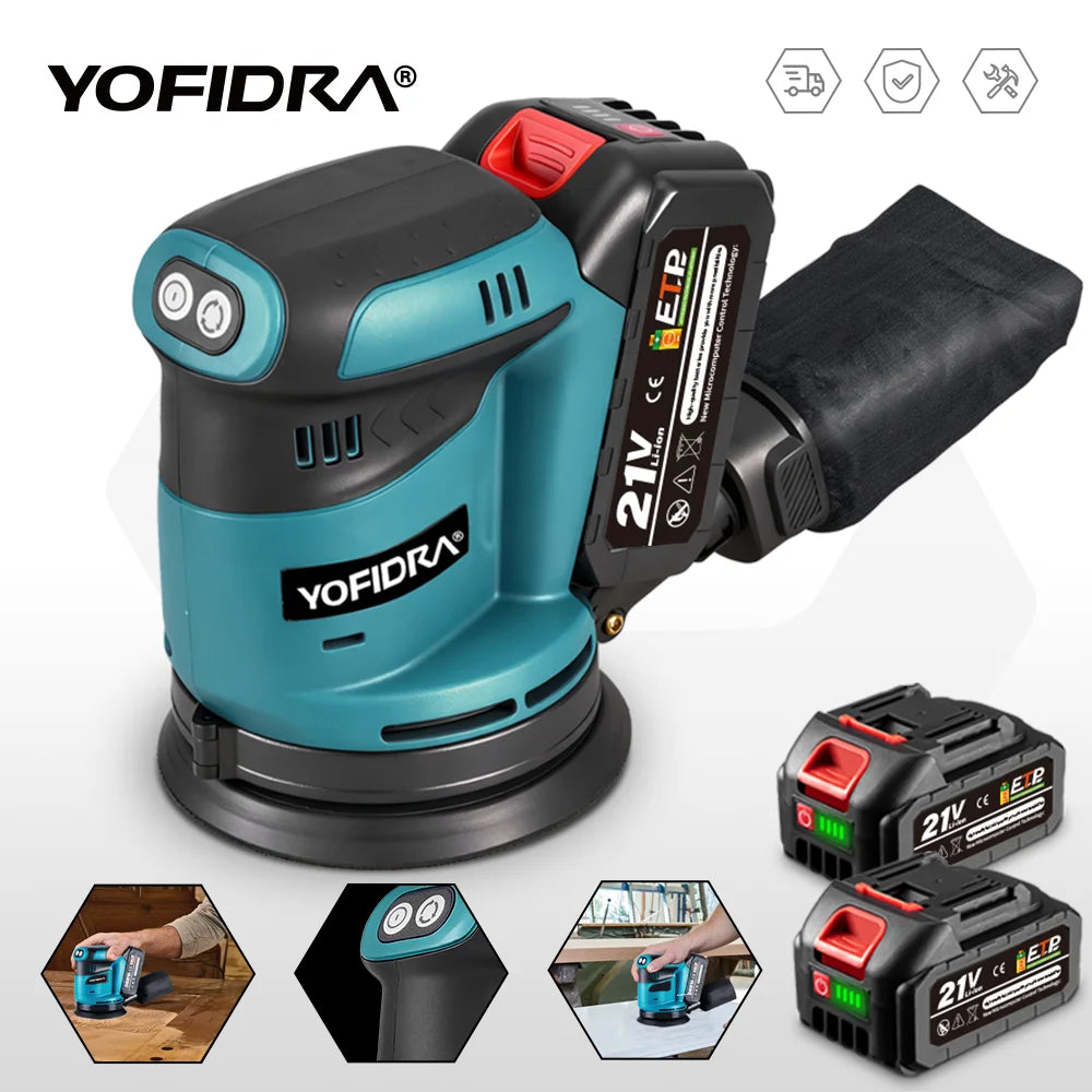 YOFIDRA Electric Orbital Sander 125MM Cordless Grinding Sanding Polishing Machine Woodworking Power Tool For Makita Battery Pin